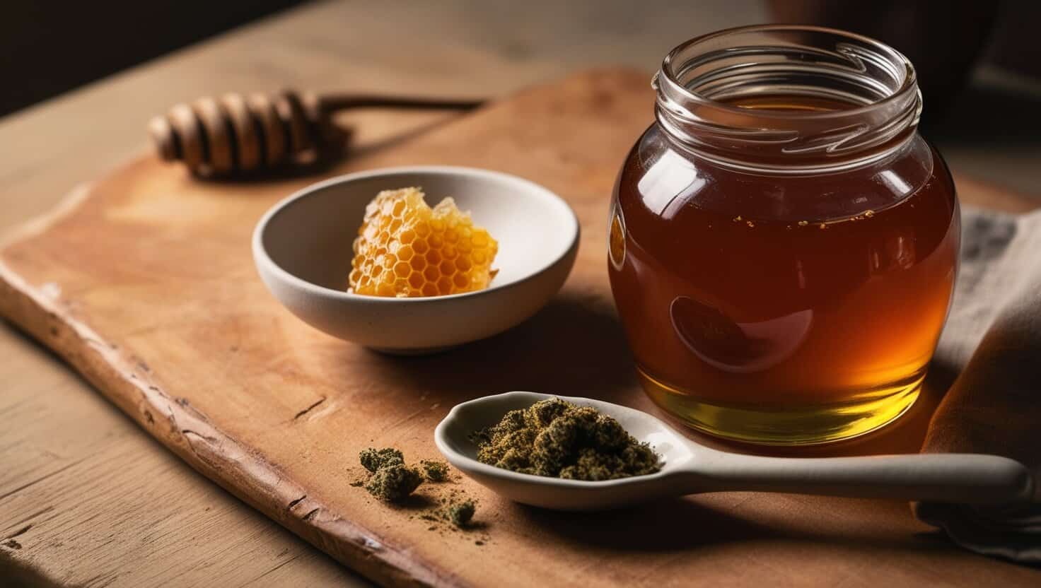 Honey and cannabis on a wooden table.
